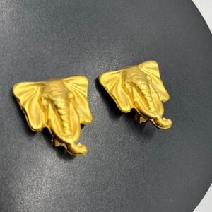 Elephant Figural 3D Safari Good Luck Majesty Gold Statement Clip on Earring
